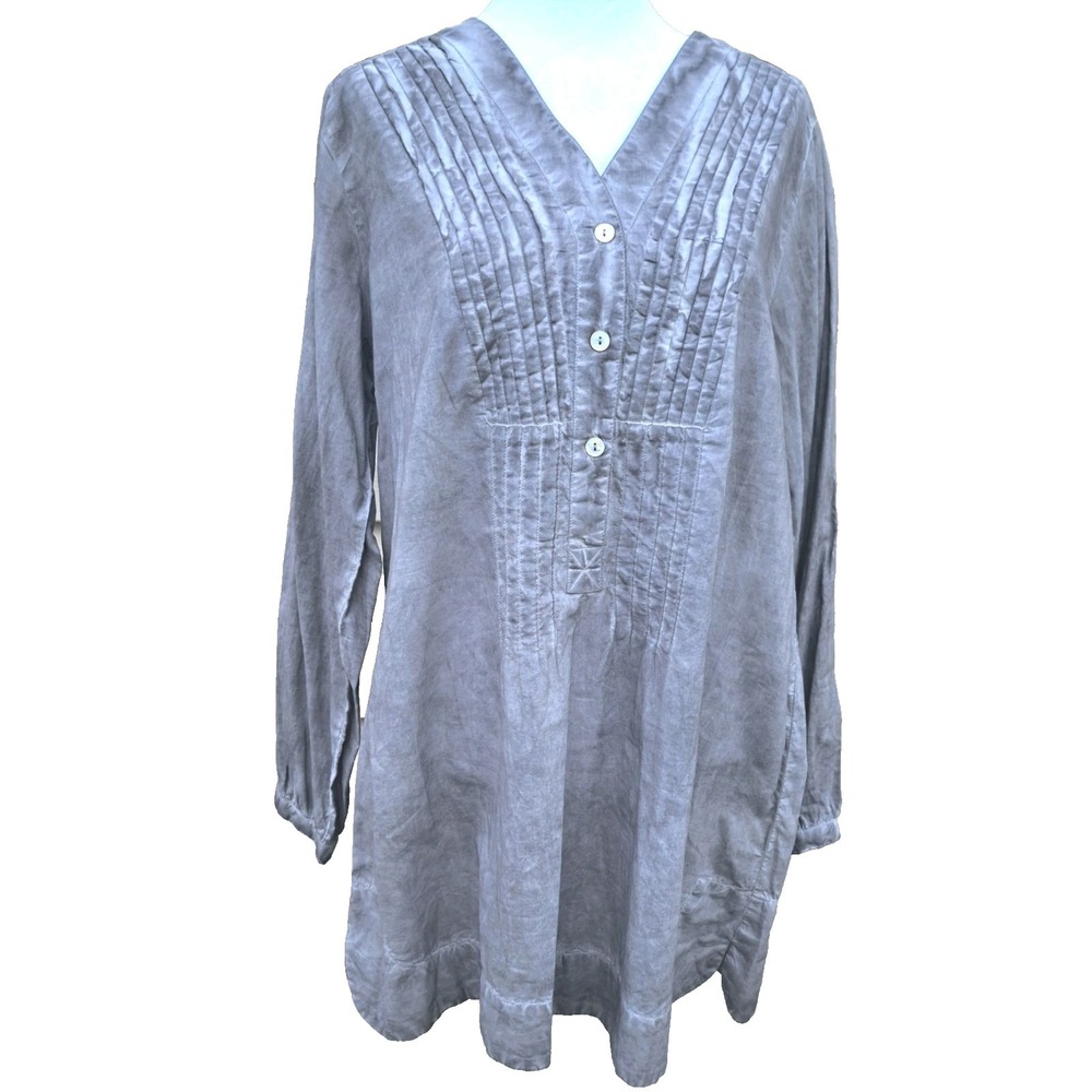 Soft Surroundings Women's Cotton Grey Long Sleeve Tunic Blouse Top 1/3 Buttons M